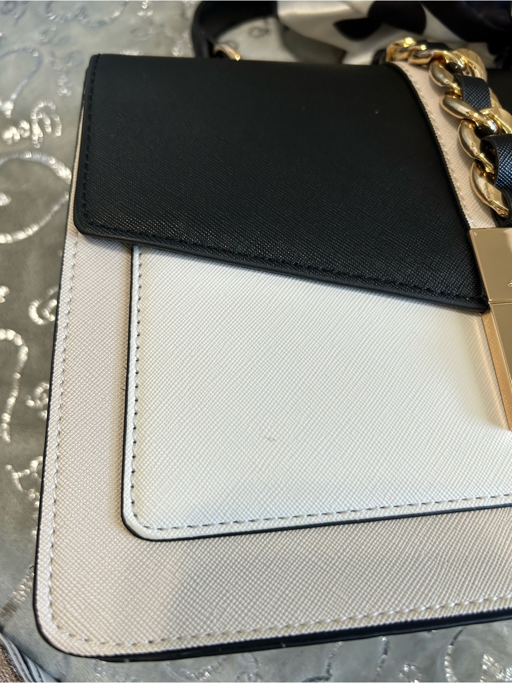 NWT Aldo, Medium, Black and Cream Top-Handle Satchel with Gold Chain Accent - Picture 8 of 13